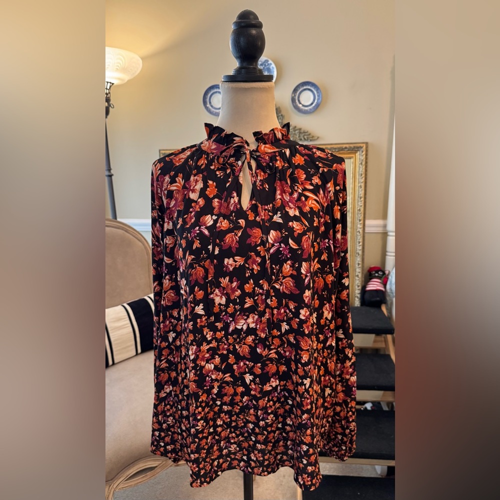 Gibson Latimer Fall Floral Long Sleeve Blouse - Black, Orange, Red, NWTS, XL